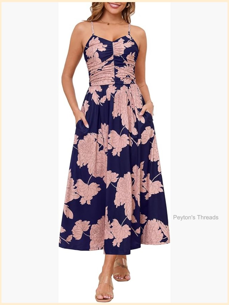 Adjustable Spaghetti Strap Ruched Maxi Dress With Pockets Open Back